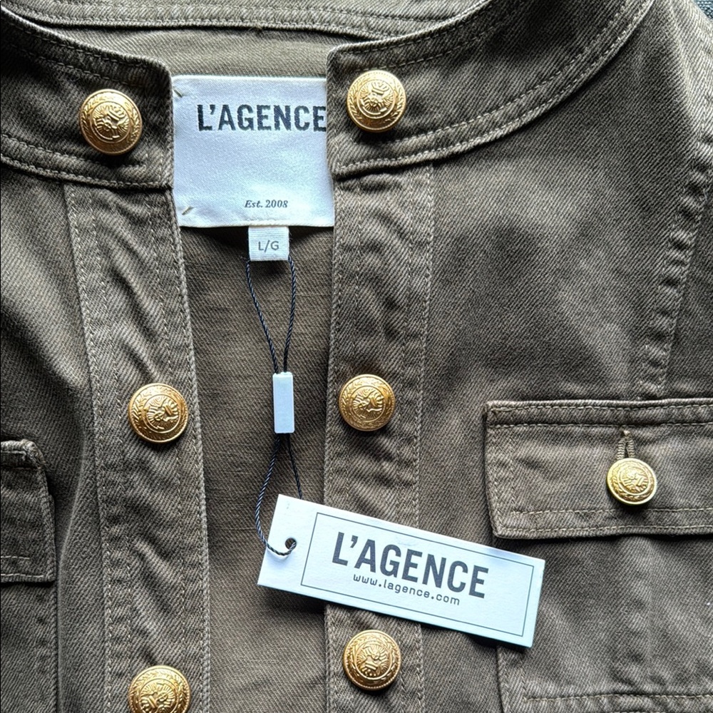 L'AGENCE Collarless Denim Jacket - Olive Grove